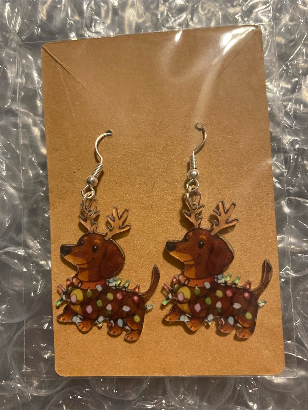 Brown Dachshund Reindeer Kids Earrings - Brown